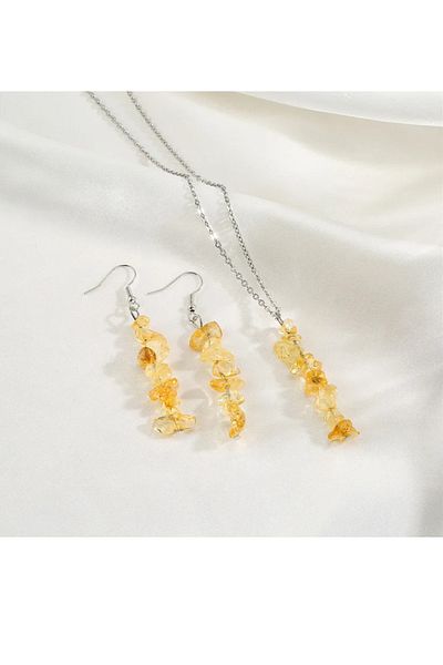 Kusakli Citrine Natural Stone Necklace and Earring Set - Money Stone Detailed
