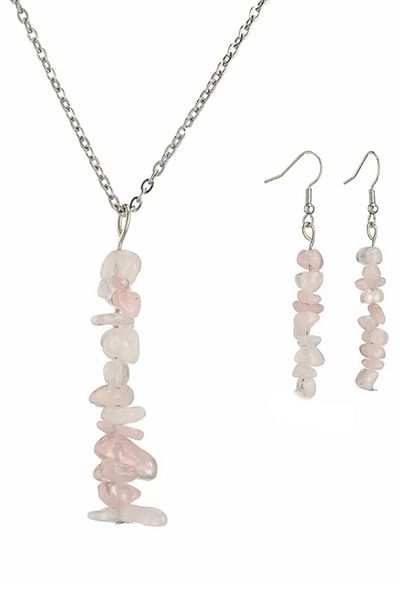 Kusakli Pink Quartz Natural Stone Necklace and Earring Set - Love Stone