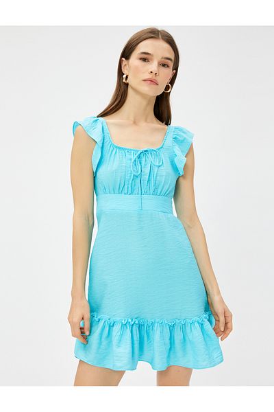 Koton Rüschen-Minikleid mit quadratischem Ausschnitt, ärmellosem Schleifendetail