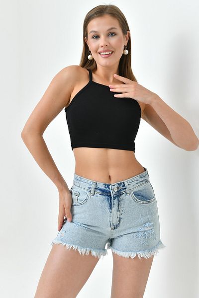 lovebox Γυναικείο σκισμένο λεπτομερές ψηλόμεσο Lycra Ice Blue τζιν σορτς ελαστικό μπλε τζιν σορτς 70362