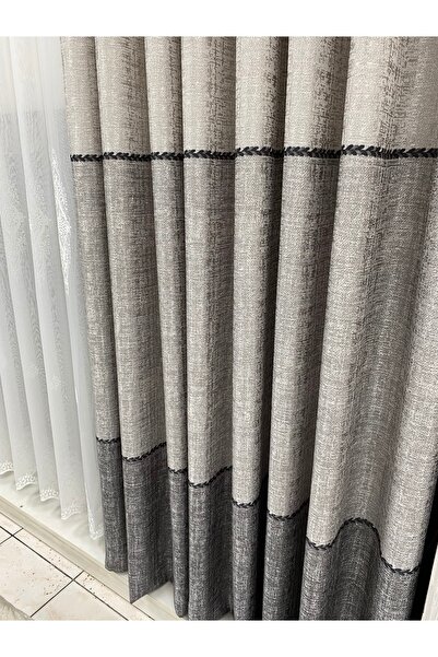 ÇOPURLAR PERDE Başak Desen Linen Baskılı Pano Fon Sık Pile Gri-Antrasit tek k...