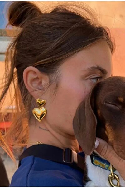 hbtasarim أقراط قلب نسائية ذهبية - متدلية مزدوجة