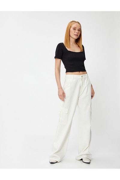 Koton Crop T-Shirt Corset Detailed Square Neck