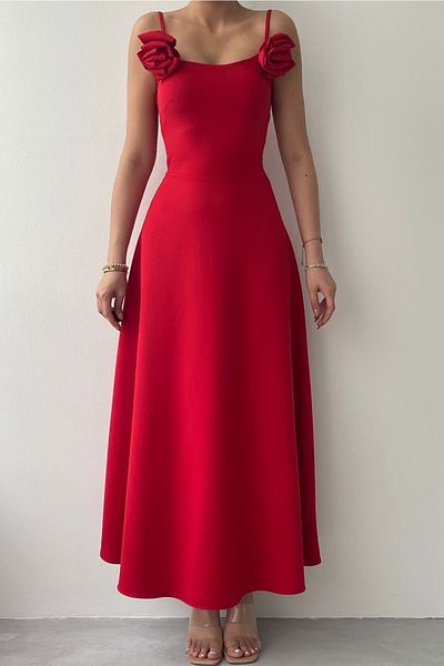 bayansepeti Pánt nélküli piros maxi ruha - Rose részletes atlaszpántos 258-as modell