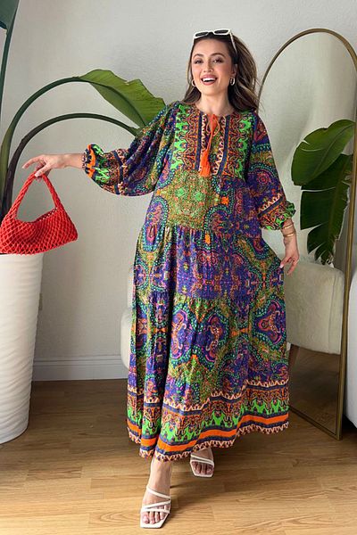 AYASOFYA OTANTIK Orange Blue Ethnic Patterned - Placket Collar Balloon Sleeve Long Women's Dress