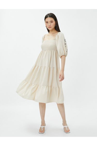 Koton Bohemian Midi φόρεμα με λεπτομέρεια κεντήματος - Γκιπέλ και τετράγωνο γιακά