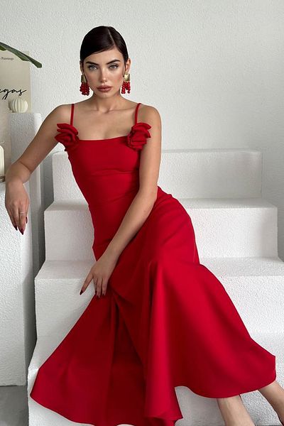 WOMAN VISION Rochie maxi cu bretele, roșie Atlas, cu decolteu fără bretele, cu design de accesorii, 258