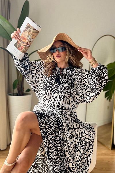 AYASOFYA OTANTIK Black and White Ethnic Patterned - Placket Collar Balloon Sleeve Long Women's Dress
