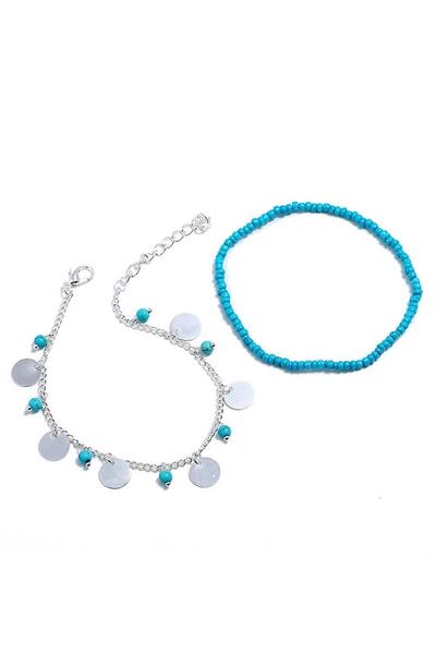 New Obsessions Silver Color Sequined Blue Beaded 2-Piece Women's Combination - Anklet