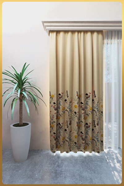 Nebumu Ithal Blackout Faty Kır Çiçekleri Bej Büzgülü Perde