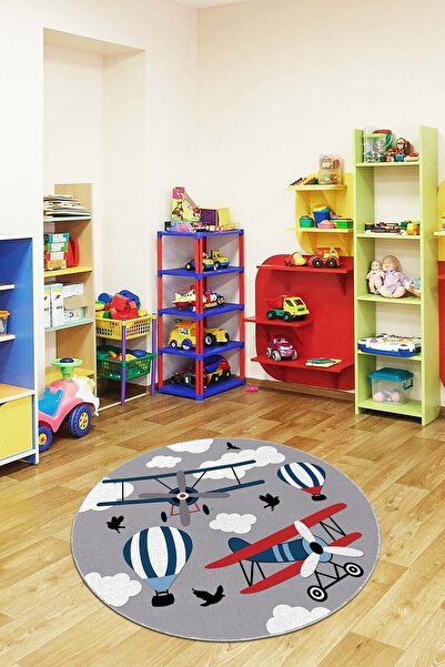 Lizia Home Makinede Yıkanabilir Kaymaz Tabanlı Yuvarlak Çocuk Halısı Uçaklar ...