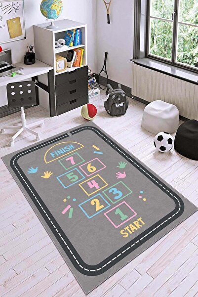 RugViva Kaymaz Tabanlı Makinede Yıkanabilir Yollu Seksekli Çocuk Halısı Ar778