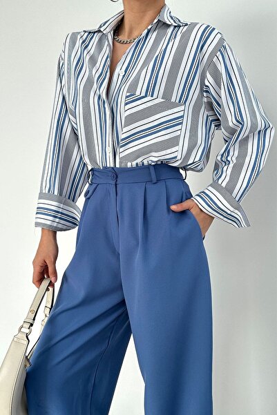 LOOSH Kadın Mavi Çizgili Boyfriend Basic Gömlek
