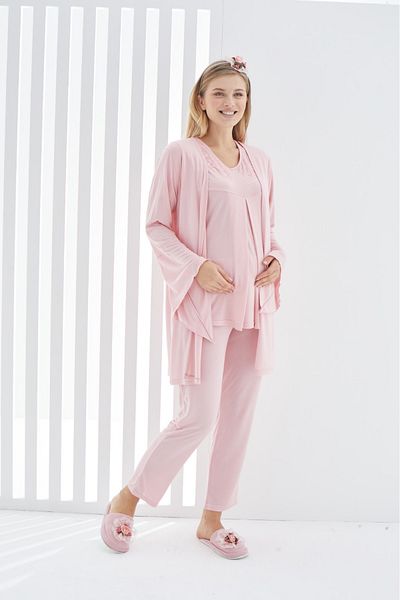 ERDENİZ TEKSTİL 3-Piece Maternity Pregnant Women's Pajamas Set - Nursing Feature, 55% Cotton and 45% Polyviscose