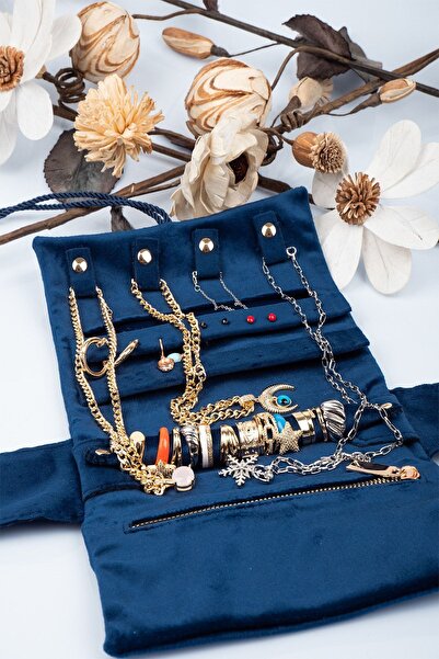 Gold Box منظم مجوهرات وحقيبة سفر قابلة للطي باللون الأزرق