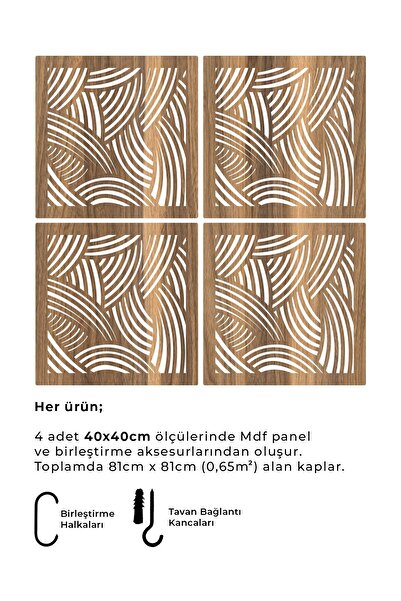 standarts Makta ® Lazer Kesim Sarkıt Paravan, Ahşap Seperatör, Oda Bölücü 4'lü Panel Levha Seti