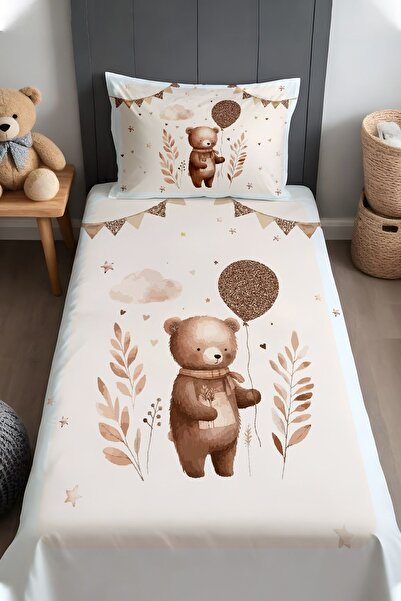 EVPANYA Balonlu Ayıcık Desenli Yatak Örtüsü ve Yastık Kılıfı