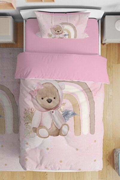 EVPANYA Pembe Ayıcık Desenli Tek Kişilik Bebek Çocuk Nevresim Seti