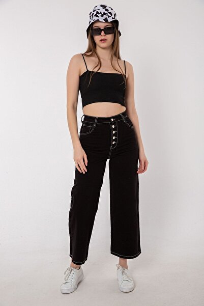 Darkly Jeans Süper Yüksek Bel Siyah Likrali Crop Geniş Paça Wide Leg Kadın Je...