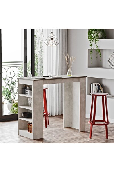 L'occi Concept Lowa 120 Cm Raflı Bar Masası Mutfak Yemek Masası Beton-taş Lw1-gt