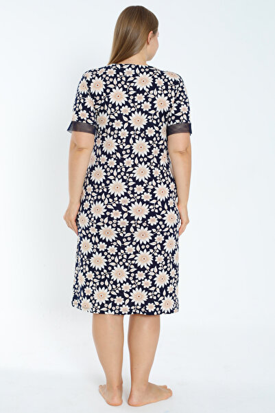 İntensive Plus Size Patterned Cotton Dress - Tulle Detailed, Pocket, Short Sleeve