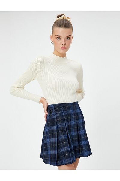 Koton Fustă mini pentru colegiu, linie A, talie înaltă, plisată, cu jumătate de centură