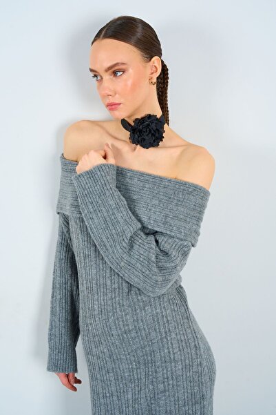 LOOSH Kadın Gri Omuz Açık Uzun Elbise