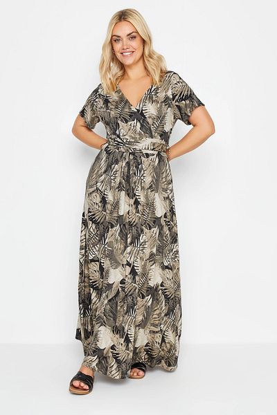 Stil Diva Plus Size Palm Print V-neck Half Sleeve Belted Dress303031