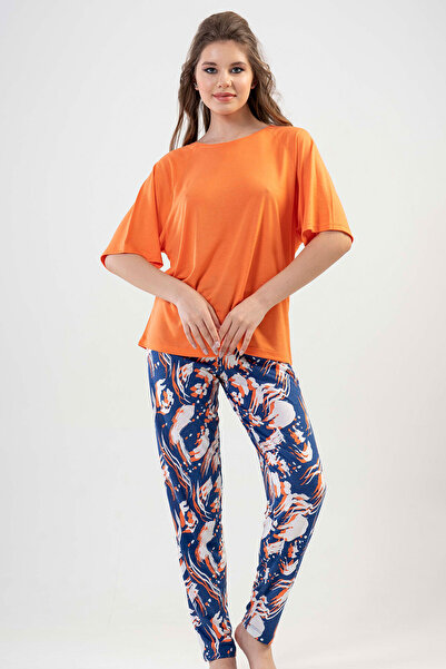 KEZOKİNO SS24 Kezokino - Women's Viscose Set, Orange, Short Sleeve Bottom