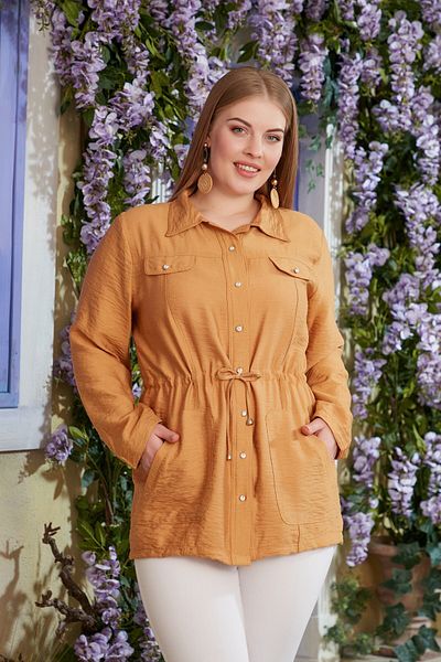 RMG Plus Size Mustard Linen Jacket with Waist Tie Detail