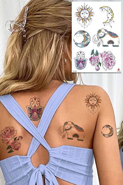 BP Tattoo Mandala Fil Ve Ay Renkli Geçici Dövme