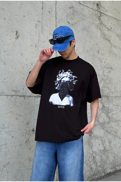 serline Baskılı Siyah Oversize T-shirt