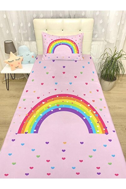 EVPANYA Pembe Kalpli Gökkuşağı Desenli Yatak Örtüsü Ve Yastık Kılıfı