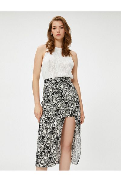 Koton Melis Ağazat X Koton - Tiger Printed Draped Midi Skirt