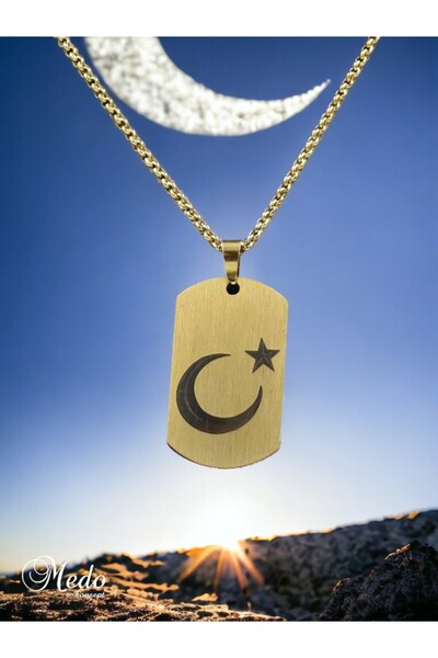 medoekonsept Ay Yıldız Motifli Altın Kaplama Çelik Künye Kolye