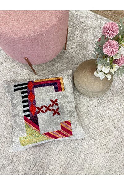 Brillant %100 Kadife E Harfli Desenli Kırlent Yastık Kılıfı (AÇIK GRİ)