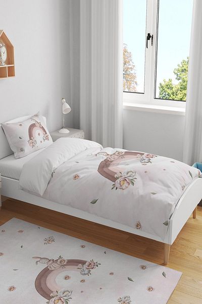 EVPANYA Rainbow Floral Rabbit Patterned Single Baby Kids Bedding Set