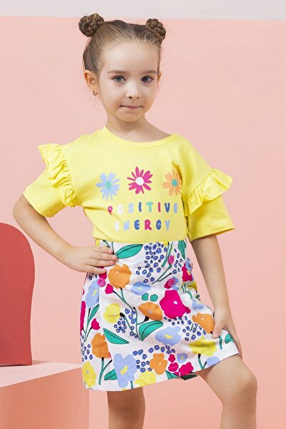 DMB KİDS Yellow Floral Patterned Girl's Shorts Skirt Set