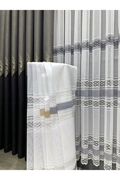 Evdepo Home Crown Applique Knitted 1/3 Close Pleat, Tulle Curtain Single Wing - Ecru / Gray