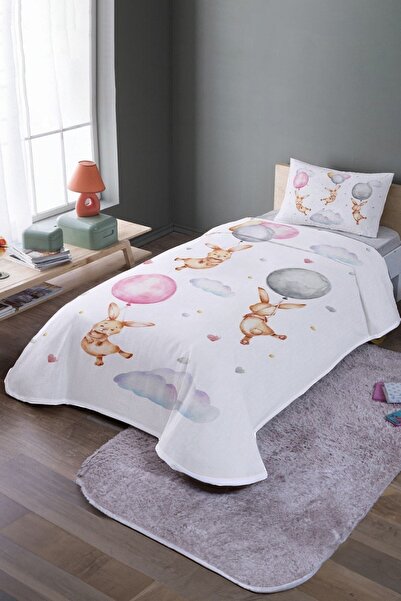 EVPANYA Balonlu Sallanan Tavşanlar Desenli Tek Kişilik Pike Takımı Ve Yatak Örtüsü