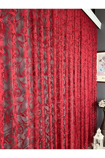 Evdepo Home Taç Şal Desen 1/3 Sık Pile, Tül Perde Tek Kanat - Kırmızı