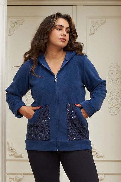 RMG Plus Size Indigo Cardigan with Sequin Embroidered Sleeves and Pockets
