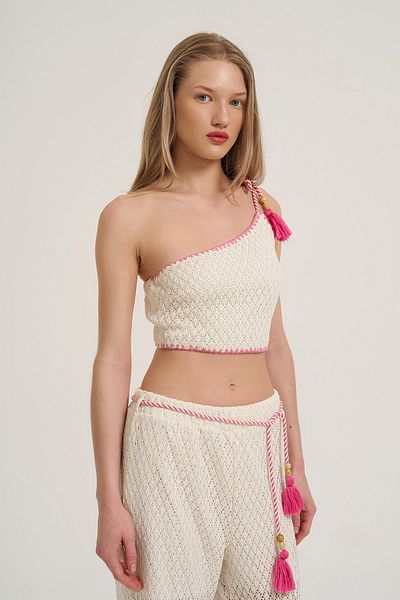 Quzu Scallop Detailed One Shoulder Crop Μπλούζα Natural