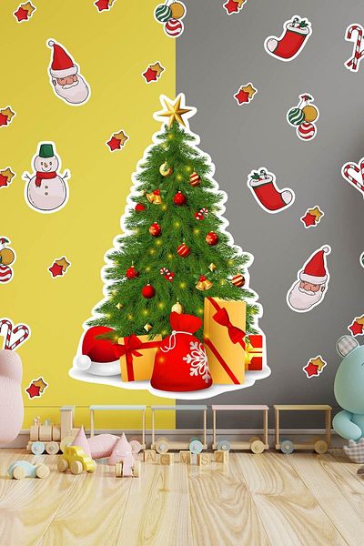 Dijitalya 35 Pieces New Year Themed Large Christmas Tree Kids Room Wall Glass Sticker Set