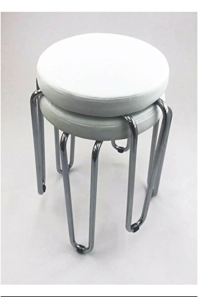 White Furniture 2 Adet Beyaz Metal Ayaklı Deri Tabure Üç Bacak