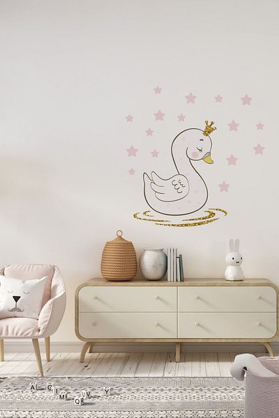 212shop ملصق تزيين جدار غرفة الأطفال بتصميم بجعة وردية مرصعة بالنجوم