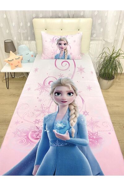 EVPANYA Pembe Elsa Desenli Yatak Örtüsü Ve Yastık Kılıfı