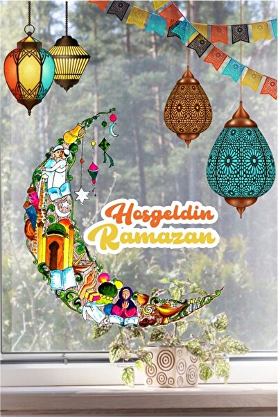 212shop مصابيح معلقة ملونة للترحيب بالرمضان وملصق زجاجي للحائط على شكل قمر