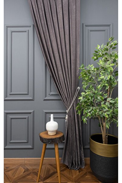 Evdepo Home Crown Dark Gray Solid Color Pleated Soft Background Curtain, 1/2 Sparse Pleat, Single Wing