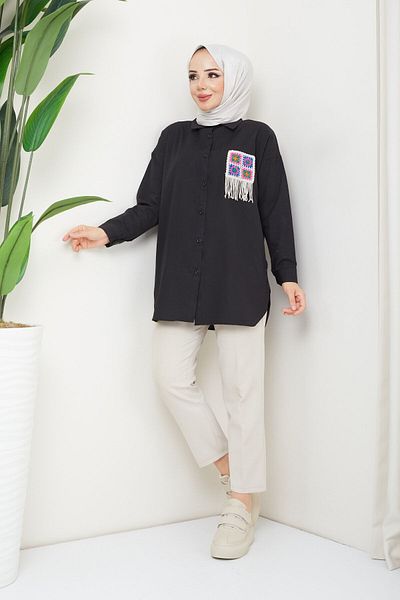 Pamuk Butik Γυναικείο μαύρο κεντημένο πουκάμισο